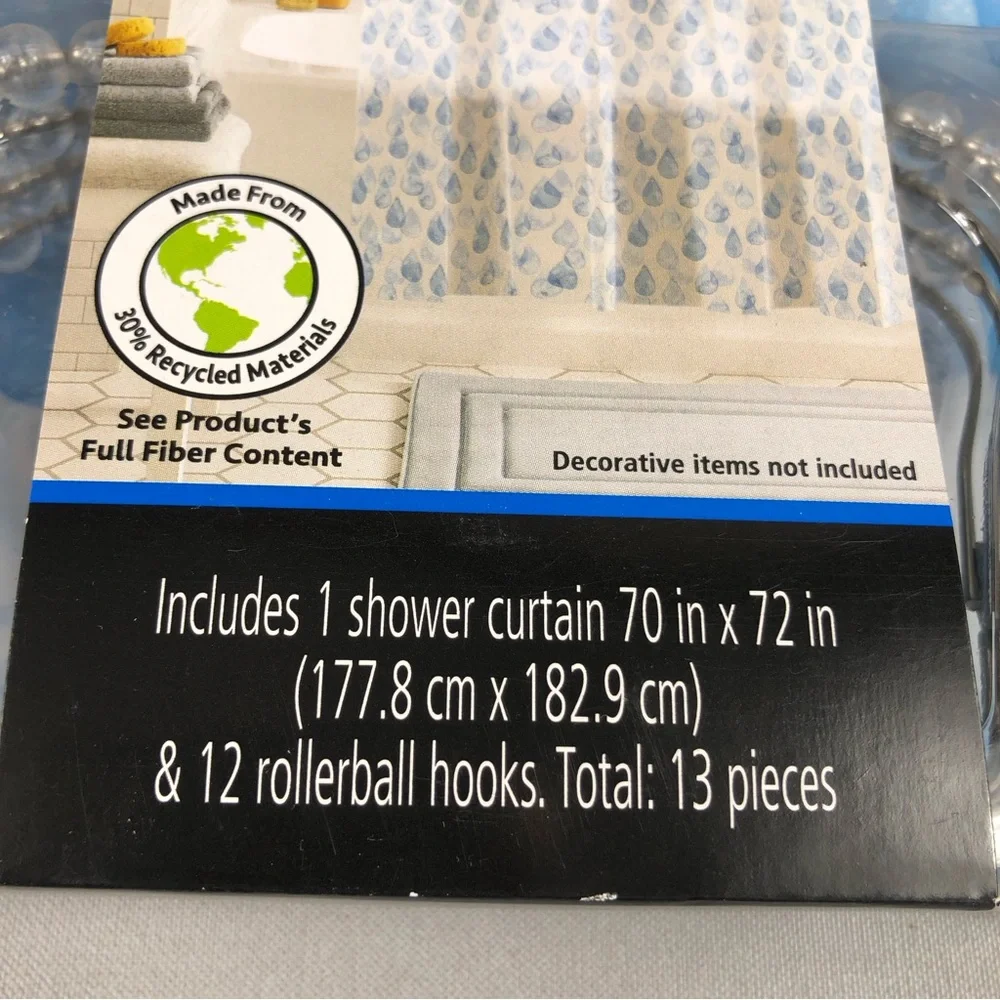 Mainstays Eco-friendly Waterdrop Waterproof Recycled PEVA Shower Curtain Set